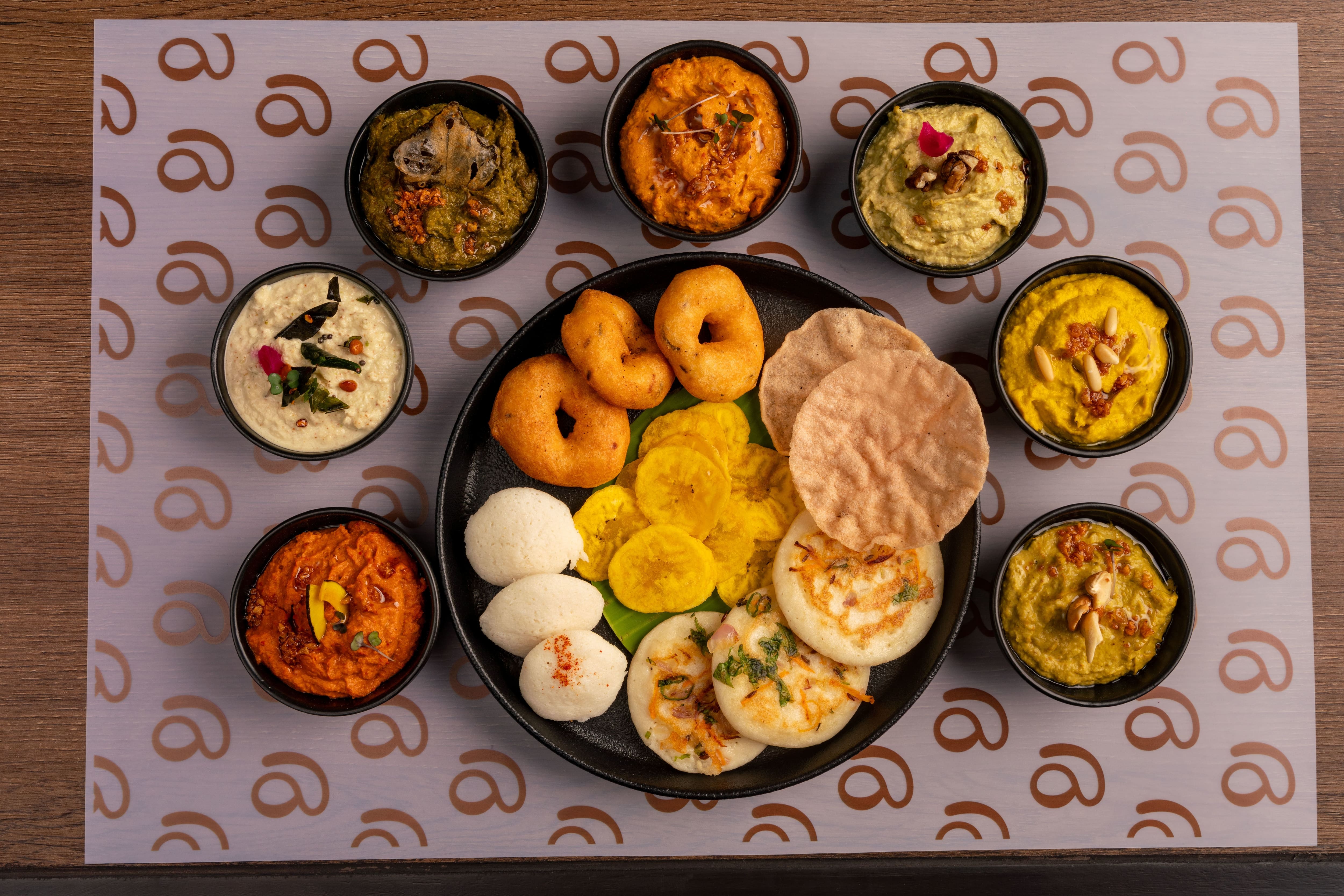South Indian tiffin platter with chutneys at Aidu Kitchen